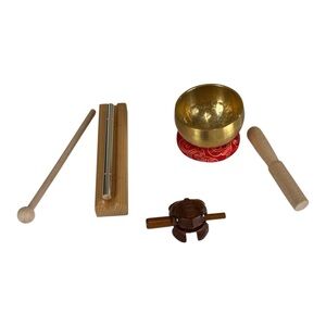 Sound healing set Gold Singing Bowl Chime C- note wooden frog guiro percussion